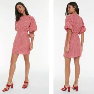 NWT Trendyol Puff Sleeve Mini Dress Size 40 or US 8 Red Gingham Checked Woven